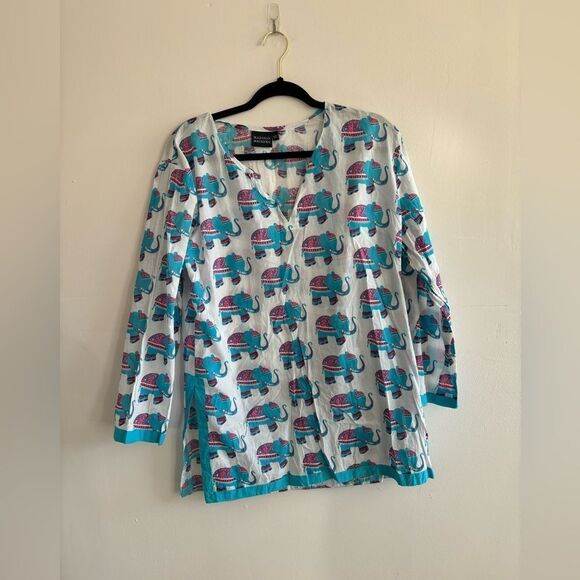 Madison Mathews Large Blue Pink Elephant Tunic Blouse - Picture 1 of 5